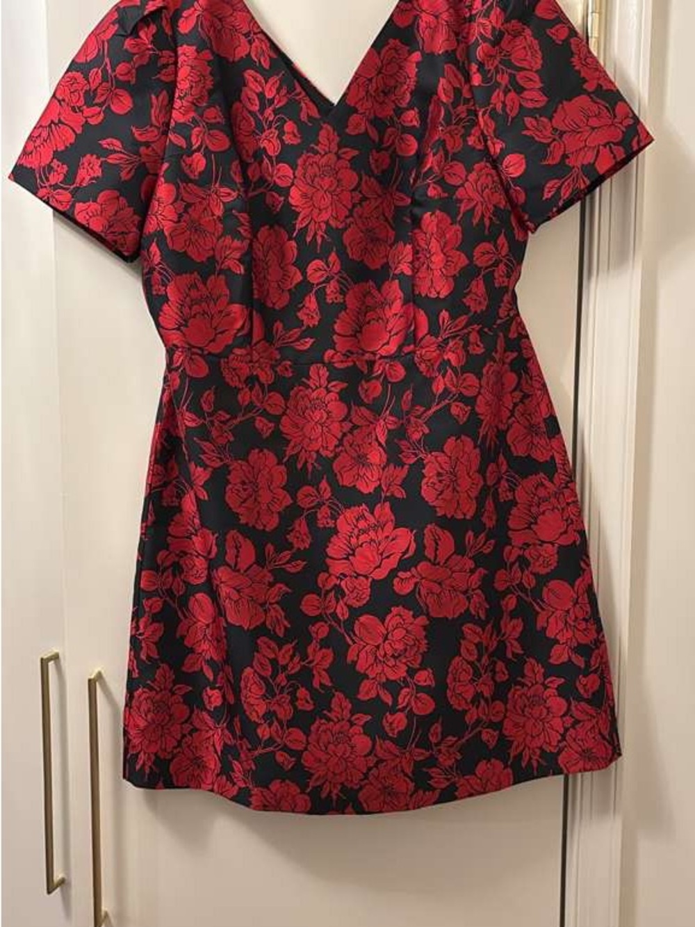 Talbots Black Midi Dress with Red Floral Jacquard